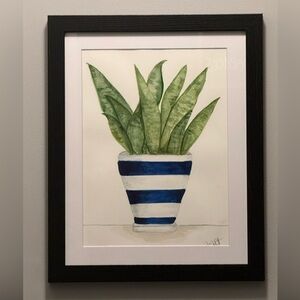 Original Framed Botanical watercolor painting of snake plant w/ Blue Striped Pot
